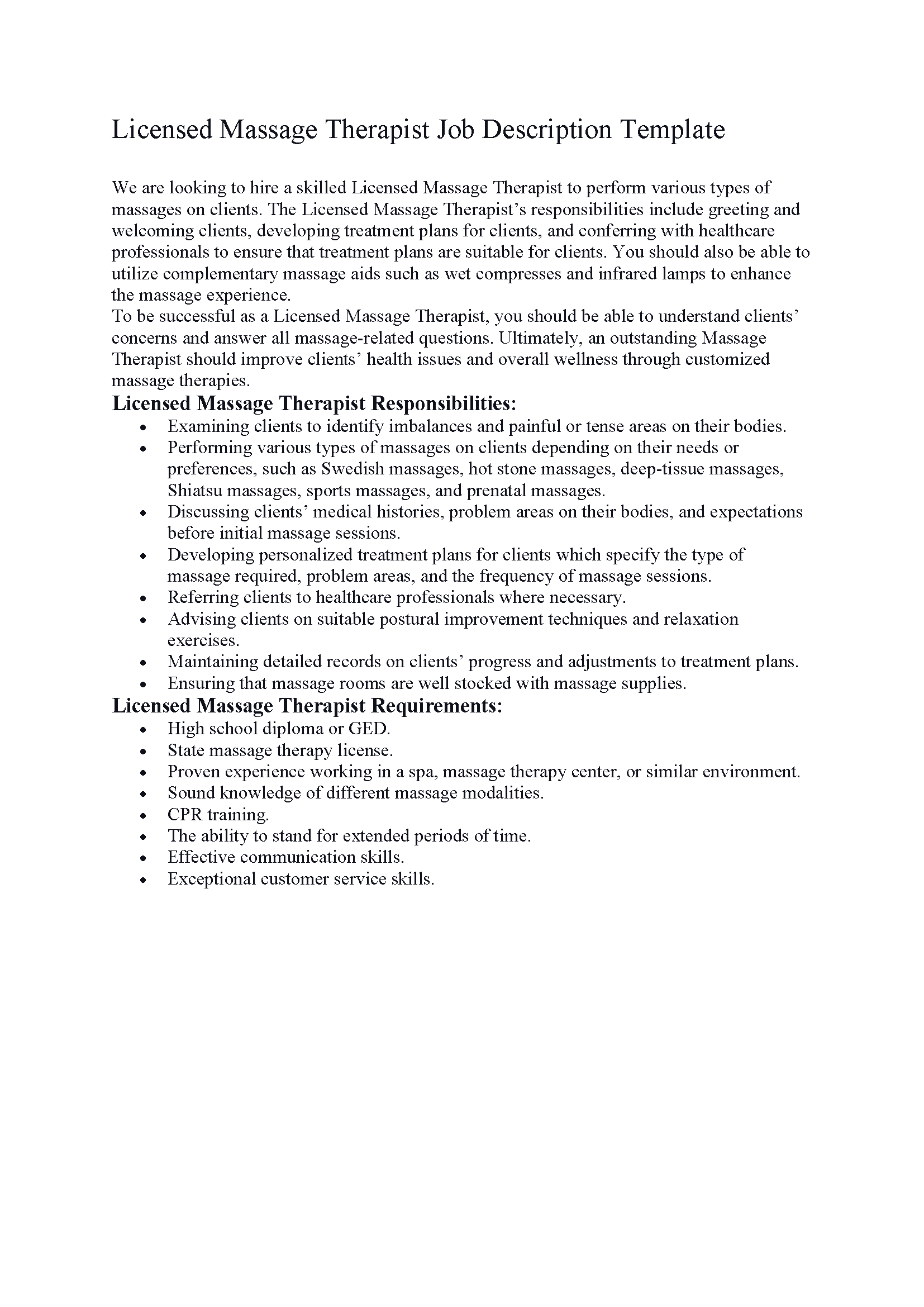 Licensed Massage Therapist Job Description Template